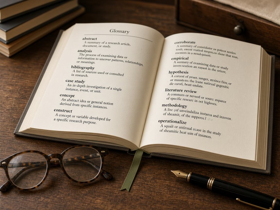 Open research glossary book on a wooden table