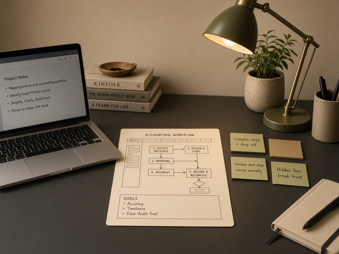 Insight desk with workflow sketch and sticky notes about buyer friction