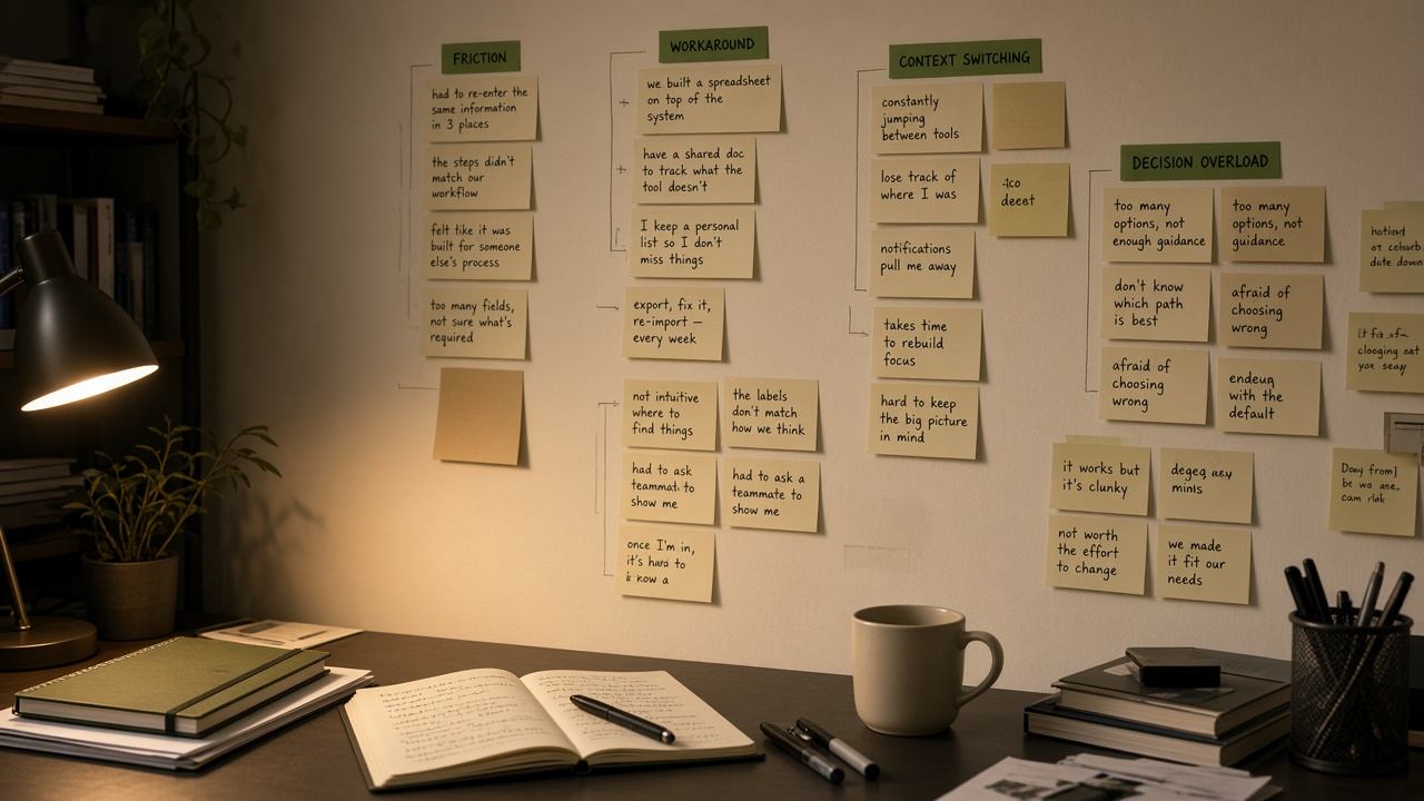 Affinity clusters of interview excerpts on a research wall