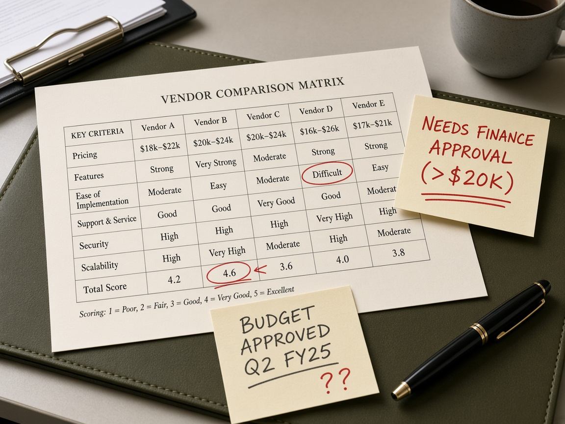 Annotated vendor comparison matrix highlighting approval and budget friction