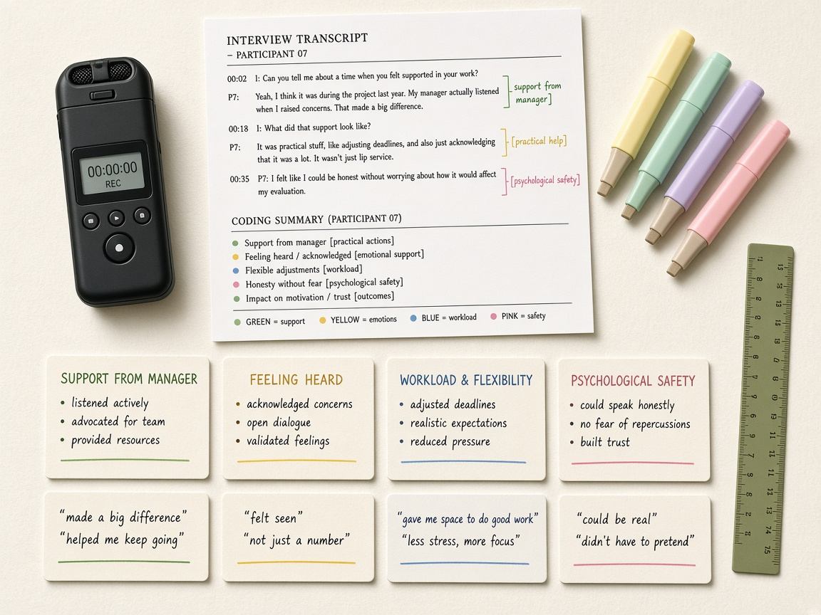 Flat lay of qualitative research tools and coded transcripts